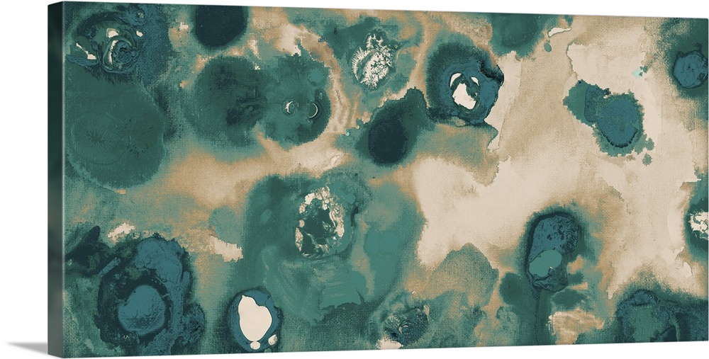 Contemporary abstract painting of teal and beige, resembling rushing water.