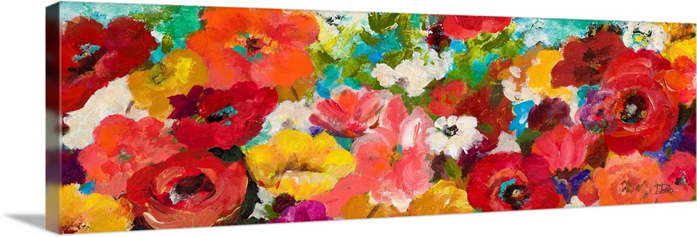 Contemporary panoramic painting of colorful flowers.