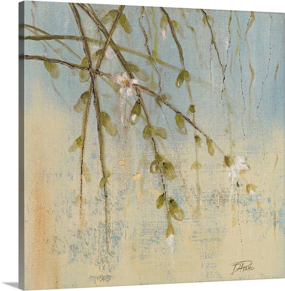 Contemporary painting of several thin branches from a sakura tree with a few flowers and buds hanging over a pond.