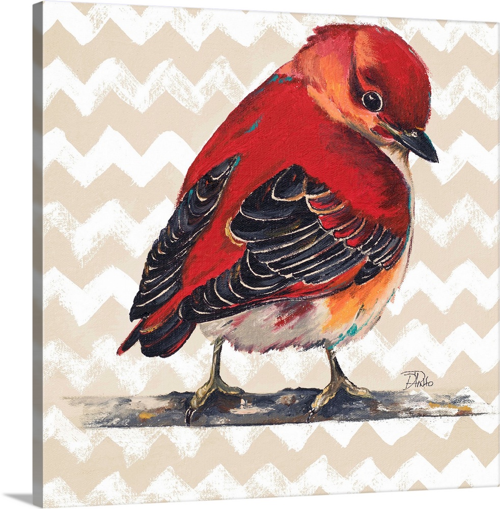 Contemporary painting of a red bird against a beige chevron pattern.