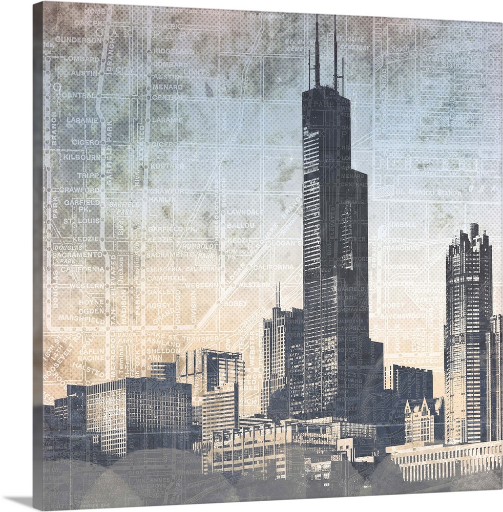 Skyscrapers in Chicago against a grunge-textured map.