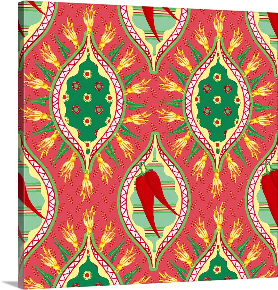 Square pattern with festive green and red chilies with repetitive designs.