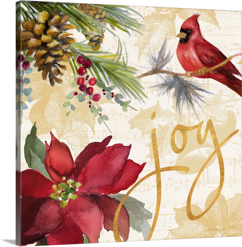 Seasonal holiday artwork featuring a poinsettia and a cardinal, with the word "Joy."