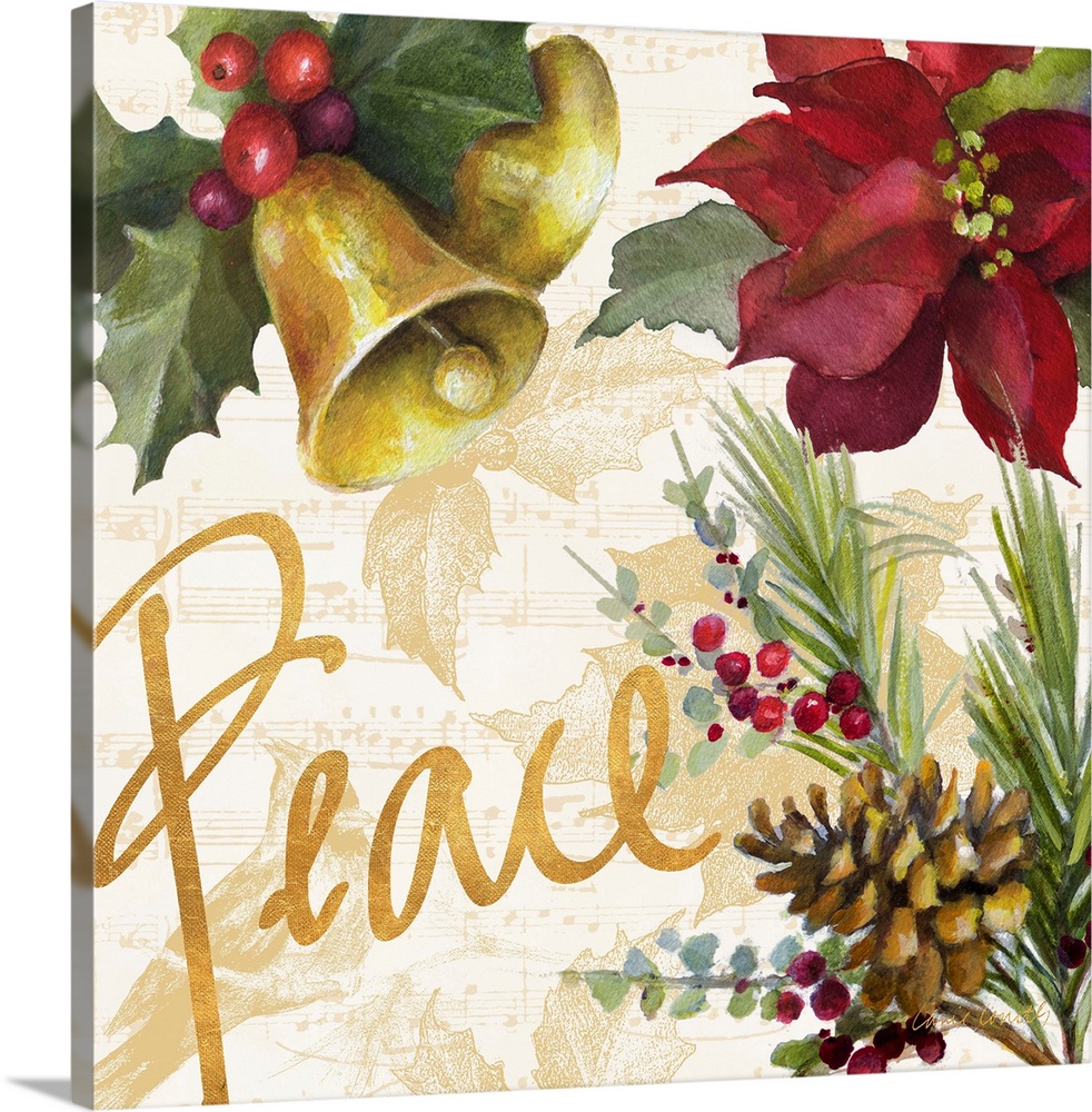 Seasonal holiday artwork featuring a poinsettia and bells, with the word Peace.
