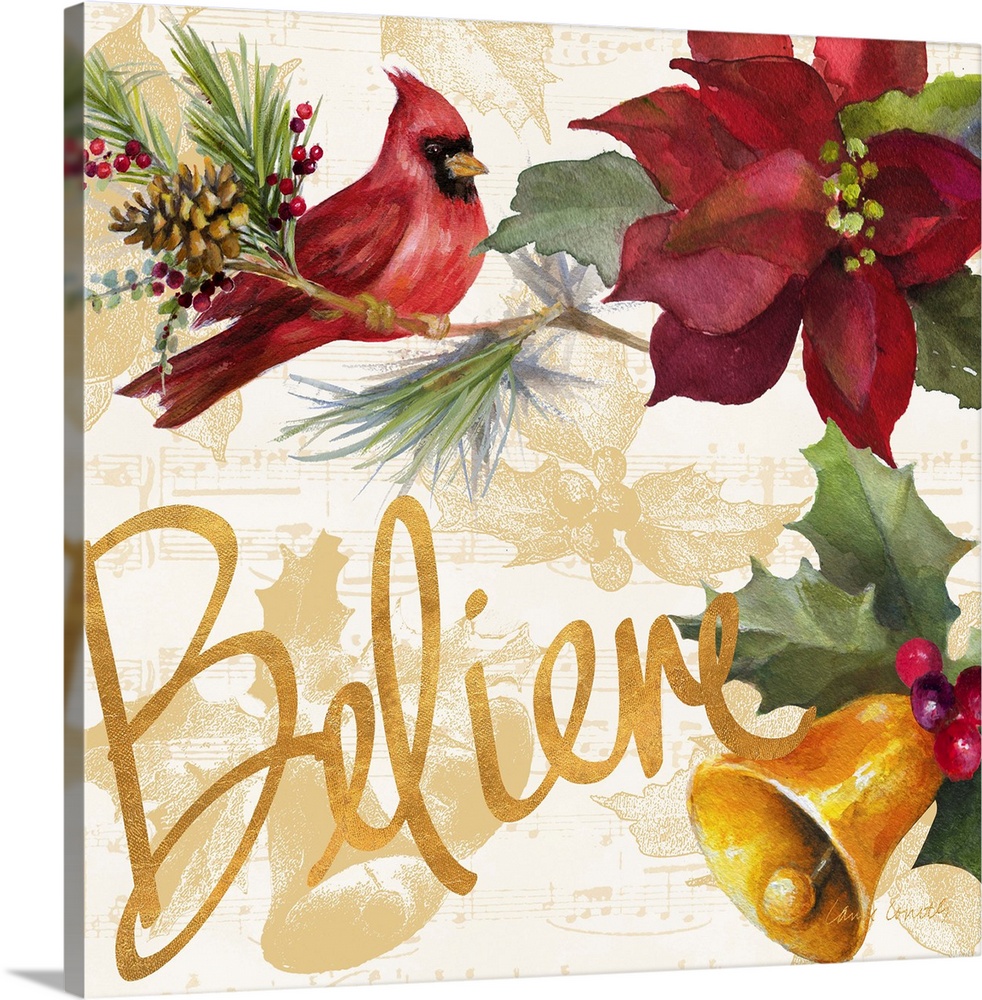 Seasonal artwork with gold text and a cardinal and poinsettia.