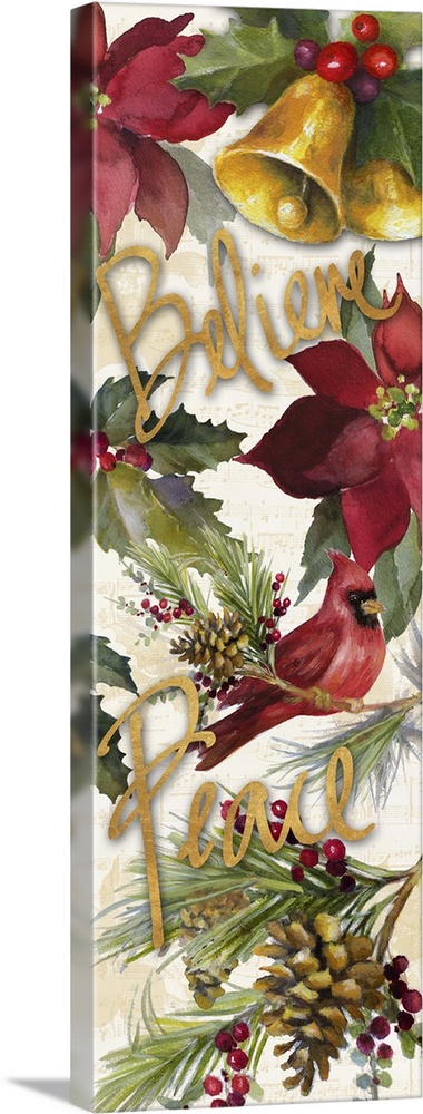 Seasonal artwork with a cardinal, poinsettias, and bells with gold text.