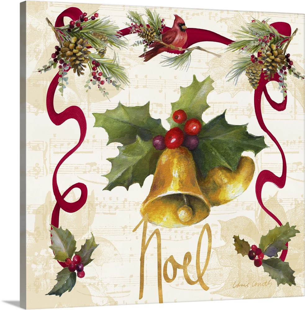 Seasonal artwork with bells and holly  surrounded by pinecones and ribbons.