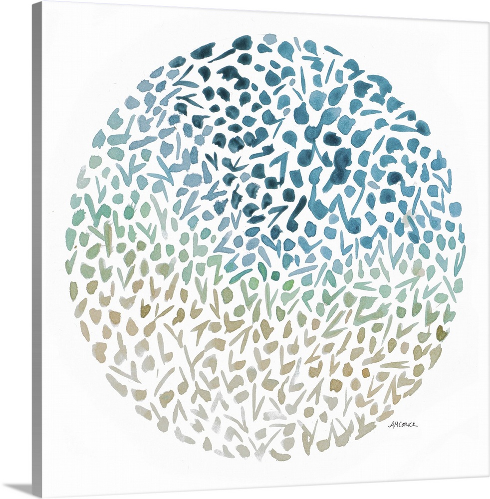 An abstract watercolor painting of flowers making up a circle with blue, green, tan, and gray fading colors.