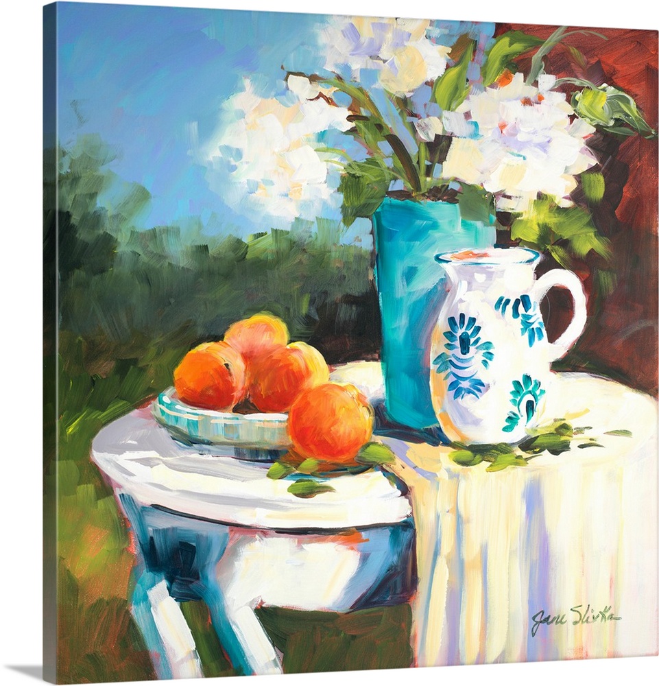 Painting of a table with a plate of oranges, a blue vase, and a pitcher.