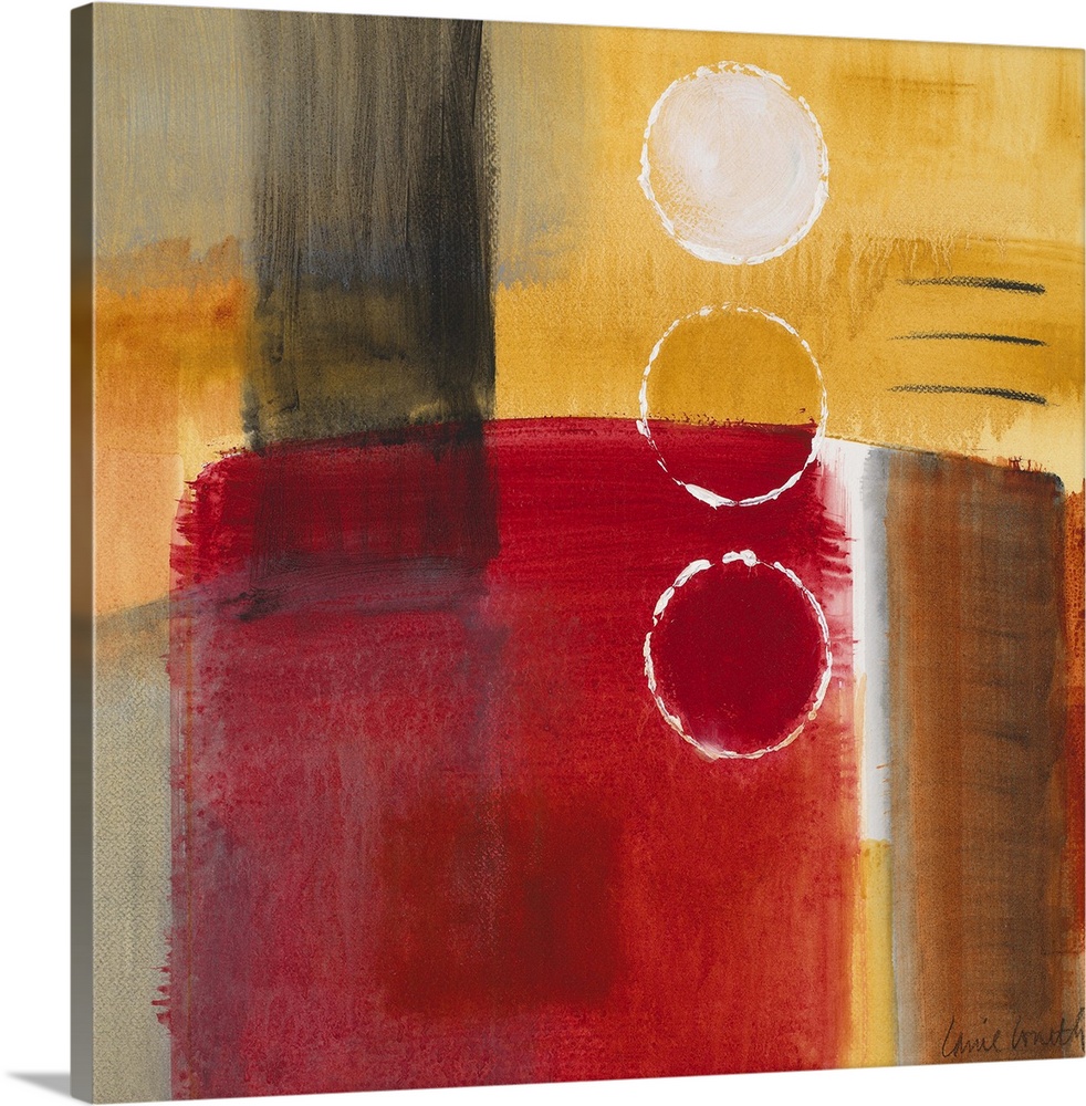 Square abstract painting on a big canvas in primarily warm tones.  A large cylindrical object is the focus, with three sma...