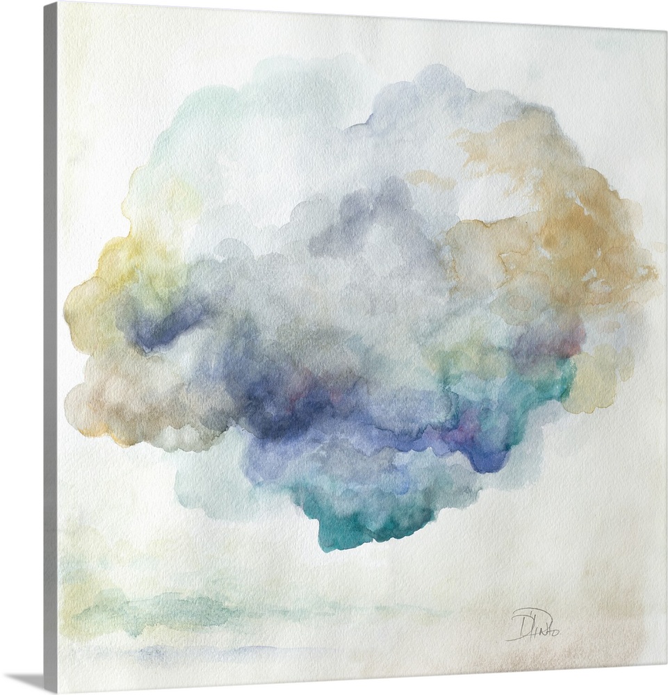 A contemporary watercolor painting of fluffy clouds with cool hues.