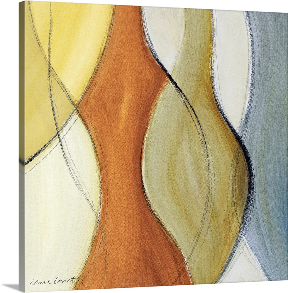 Abstract artwork of different curves of color intertwining throughout the print. The colors are more muted.