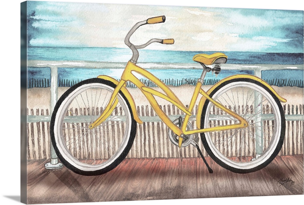 An illustrated yellow bike rests against railing with a calm sea in the background of this contemporary artwork.