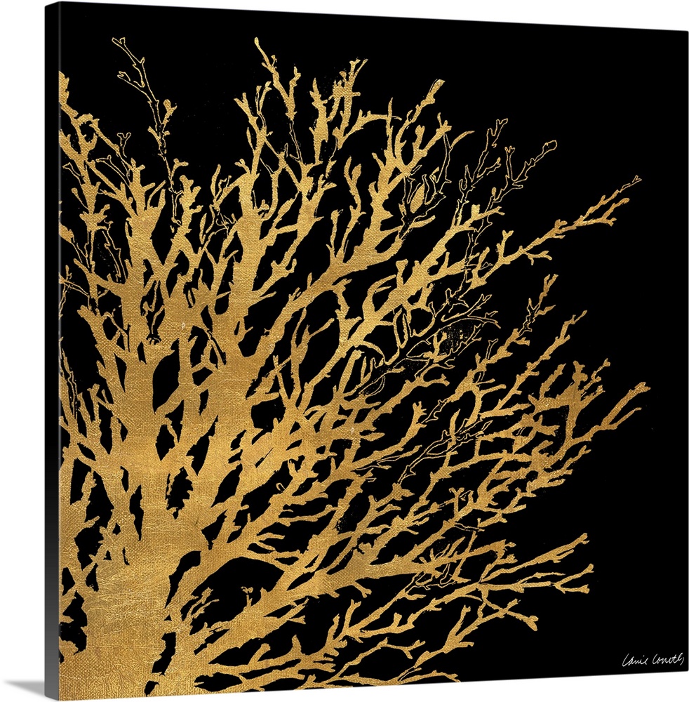 Decorative artwork of a coral silhouette against a black background.