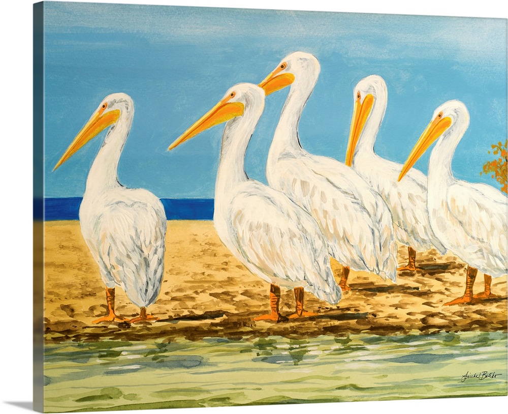 Contemporary painting of a group of pelicans standing on a beach.