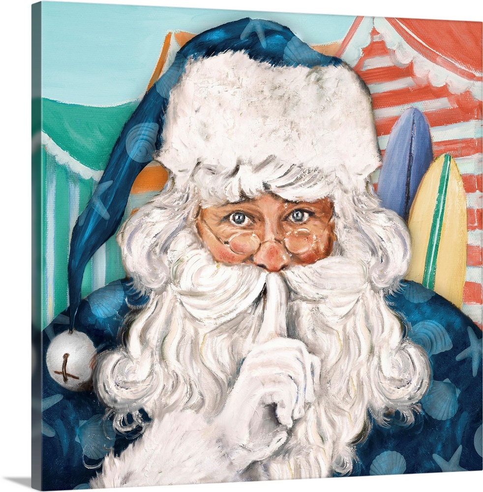 Painting of Santa Claus dressed in blue on the beach.