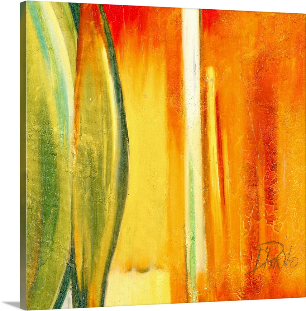 Big, square abstract painting in warm and golden tones of vertical streaks and curved shapes in transitioning colors, with...