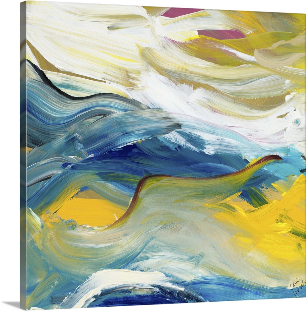 Contemporary abstract artwork in flowing yellow and blue tones.