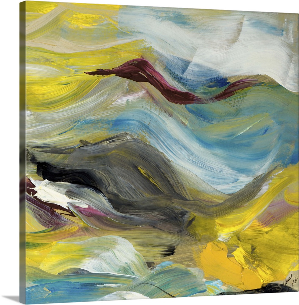 Contemporary abstract artwork in flowing yellow, grey, and blue tones.