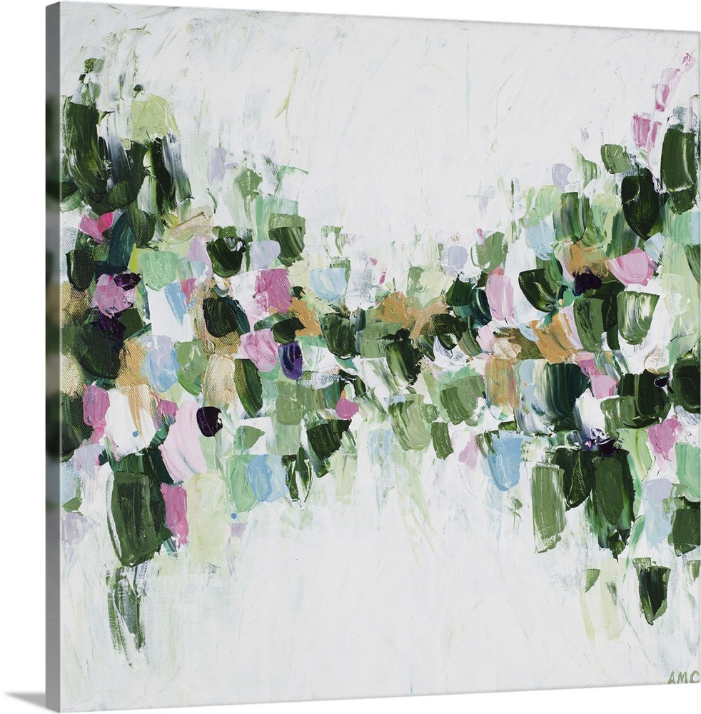 Contemporary artwork in dark green and light pink on white.