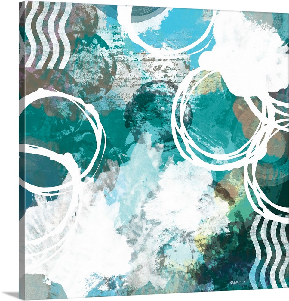 An abstract painting with shades of blue, white circles, playful designs, and faint handwritten text in the background.