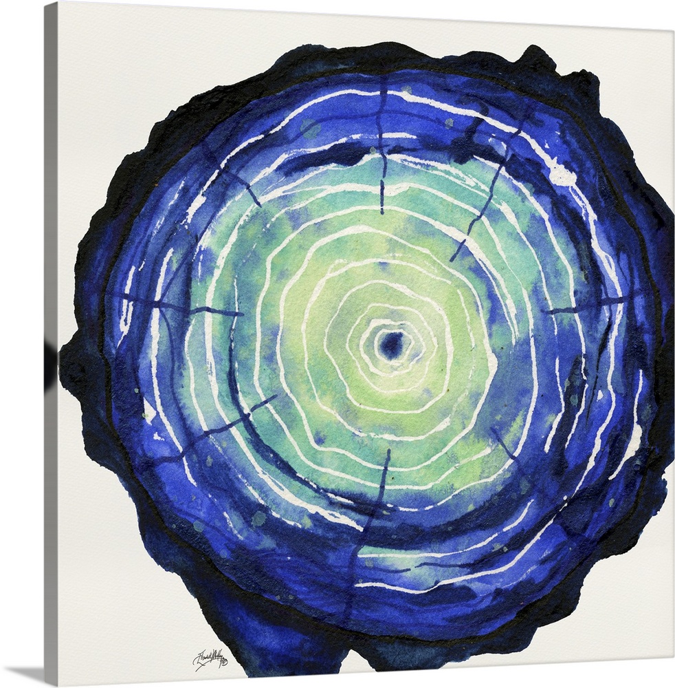 Square watercolor painting of a blue and green tree trunk, highlighting the tree rings in white.