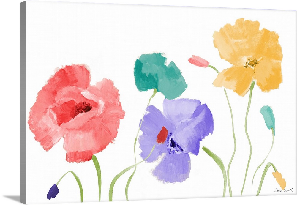 Contemporary painting of a pink, teal, purple, and yellow flower and flower buds with long green stems on a solid white ba...