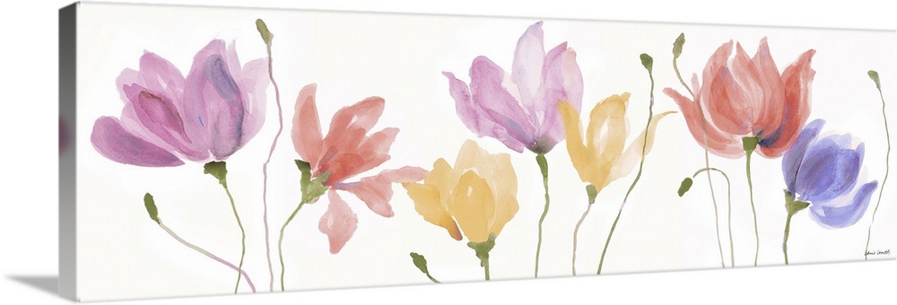 A long horizontal watercolor painting of colorful Spring flowers in a row.