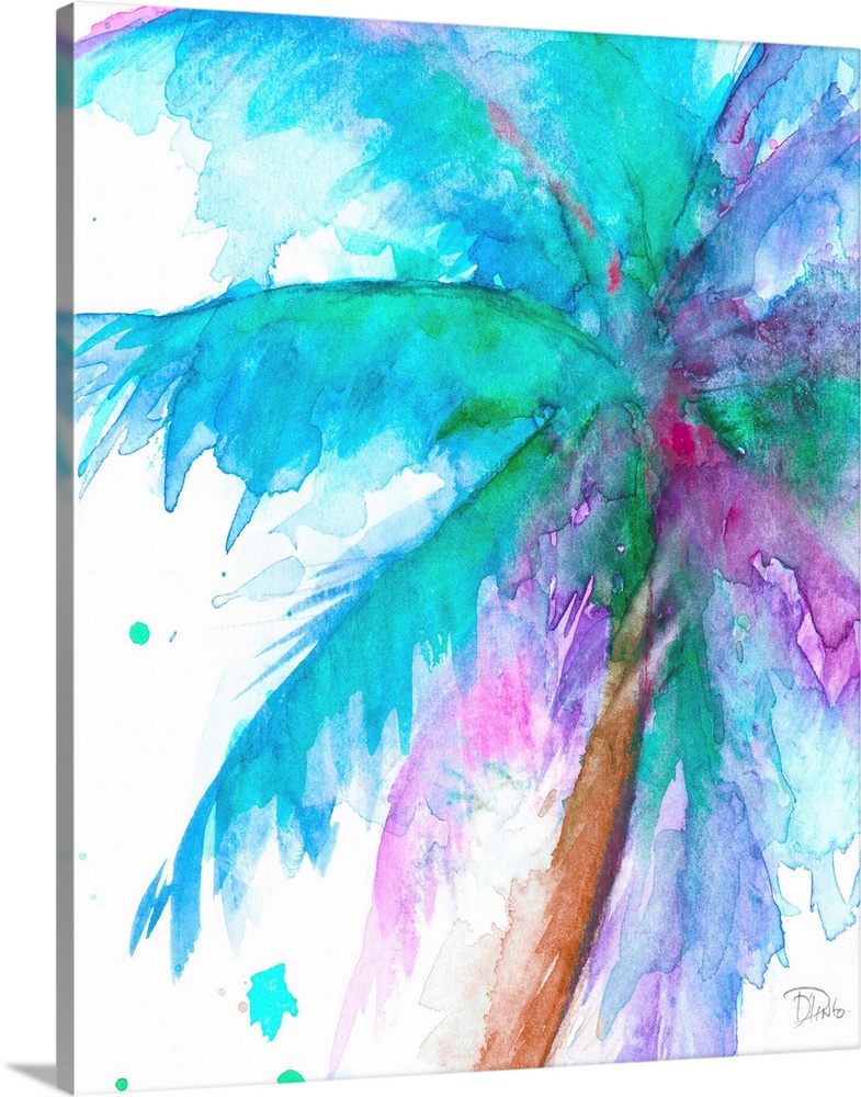 Watercolor painting of a big palm tree with green, blue, and purple branches on a white background.