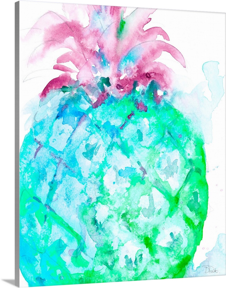 Watercolor painting of a giant blue, green, and purple pineapple on a white background with some paint splatter.