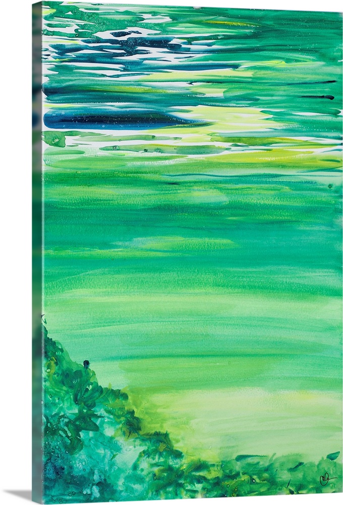 A contemporary abstract painting with blue, green, and yellow hues.