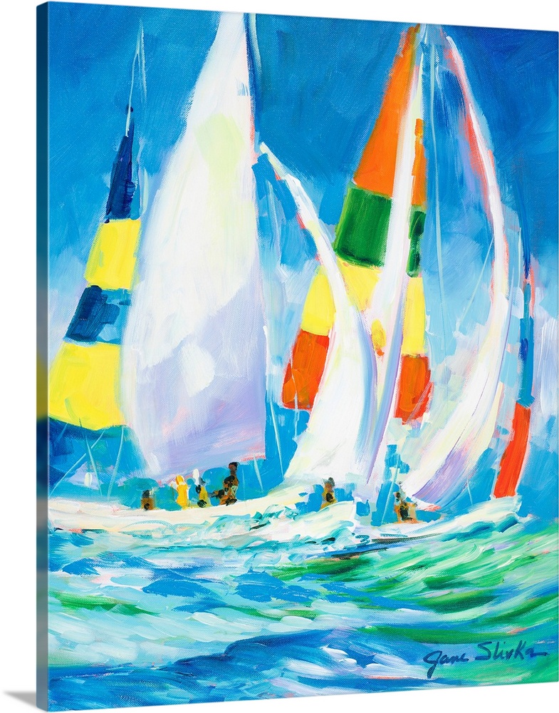 Contemporary art painting of sailboats riding the water waves with their colorful sails catching the wind.