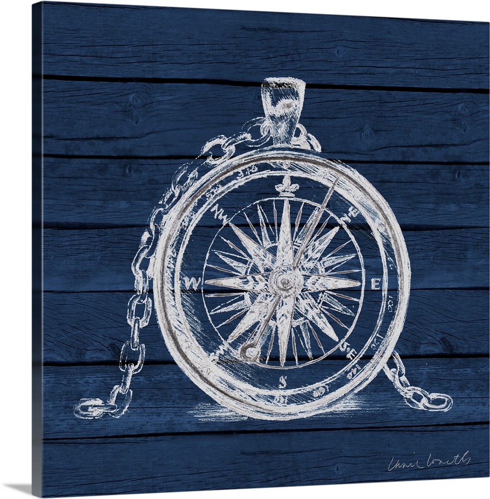 A painting of a white compass on a blue wood paneled background.