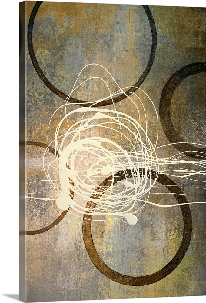 Abstract artwork that consist of four brown circles with an off white scribble in the middle.