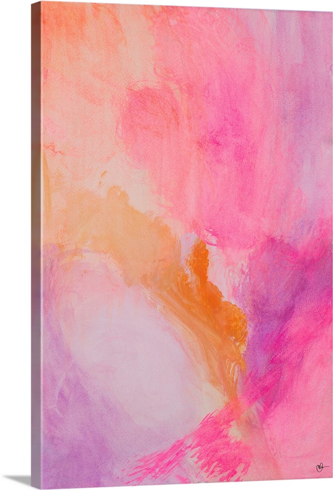 A contemporary abstract watercolor painting with warm pink, purple, and orange hues.