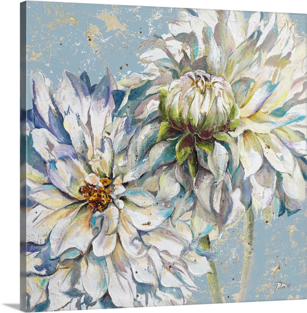 A contemporary painting of two cool toned dahlias on a blue and tan background.