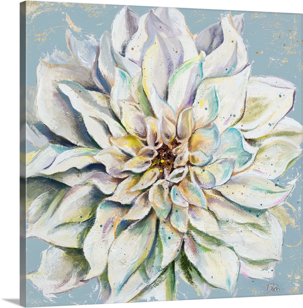 A contemporary painting of a cool toned dahlia on a blue and tan background.