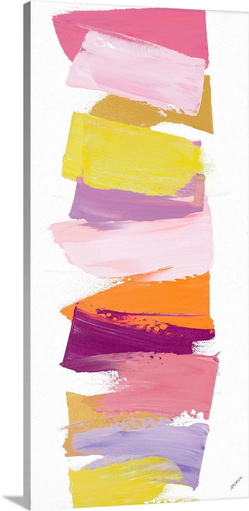 Vertical contemporary painting of shades of pink and yellow stacked in a line.