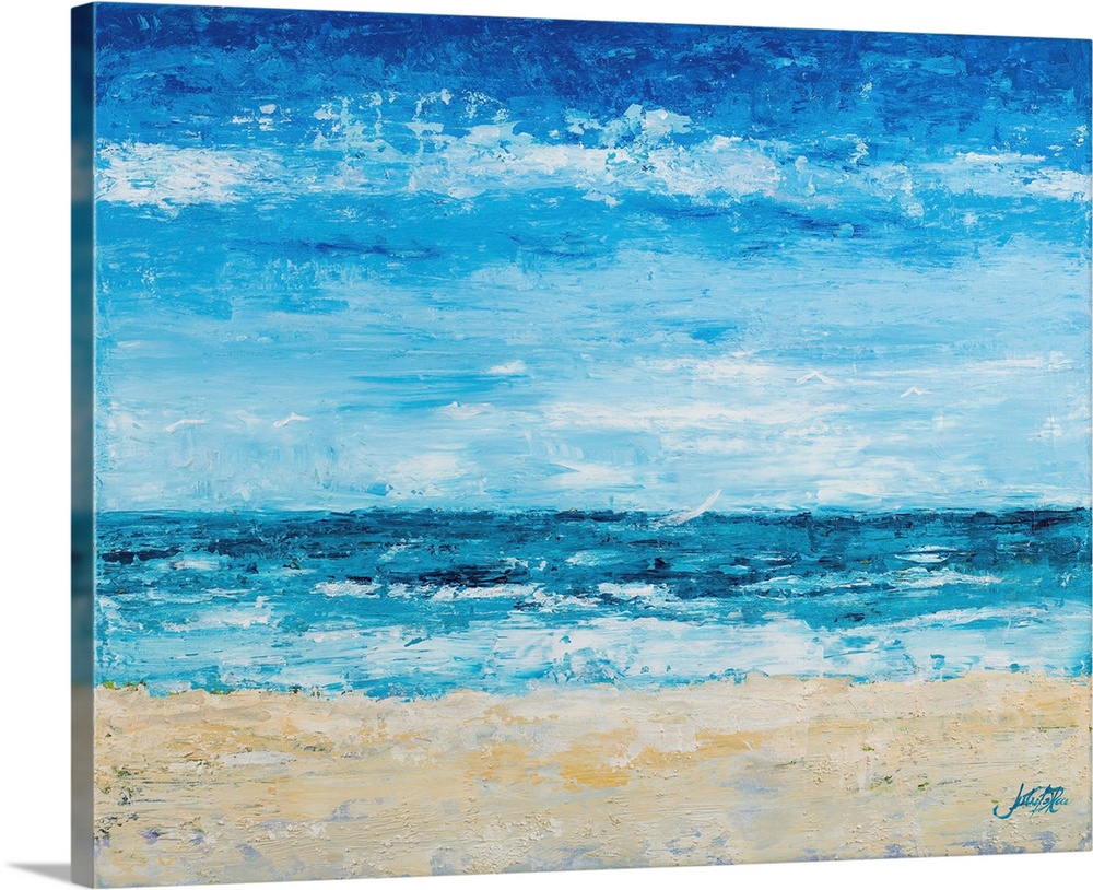 A contemporary abstract painting of the beach with bright blue tones.
