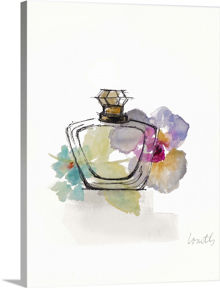 Watercolor painting of a perfume bottle with colorful flowers in the background.