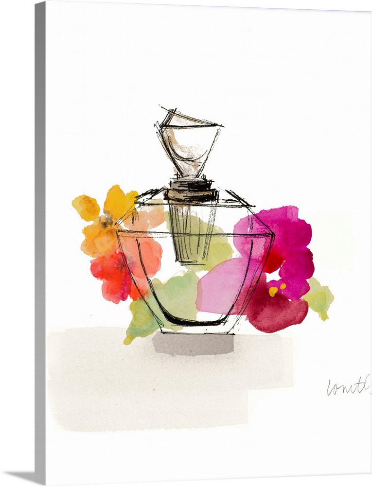 Watercolor painting of a perfume bottle with colorful flowers in the background.