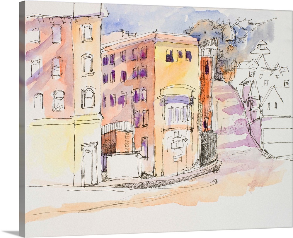 Watercolor and ink painting of a street corner.