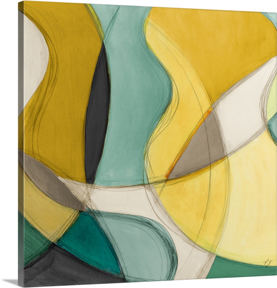 Abstract contemporary artwork in of swirling intersected shapes in blue and yellow.
