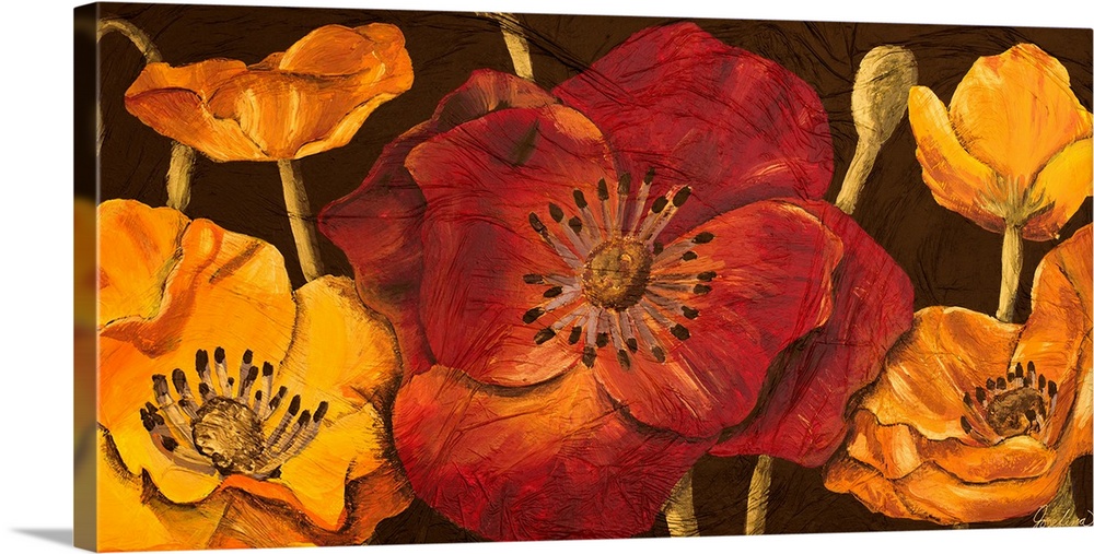 Panoramic contemporary art depicts a group of poppy flowers and buds sitting against a earth toned background.