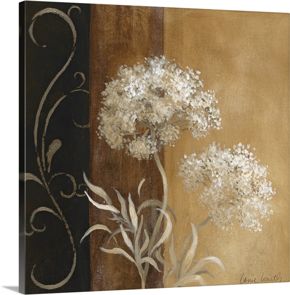 Decorative artwork for the home of white painted flowers in front of a brown and black wall.