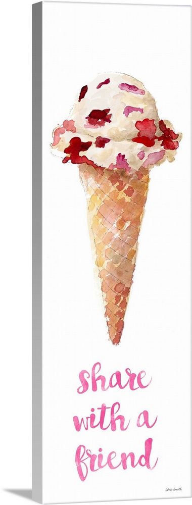 Watercolor painting of an ice cream cone with a scoop of strawberry chunk ice cream and the phrase "share with a friend" w...