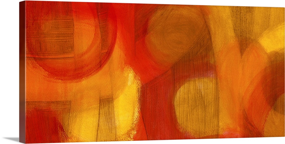 Wide, horizontal abstract wall art of curves and circles in a painting with transparent layers.