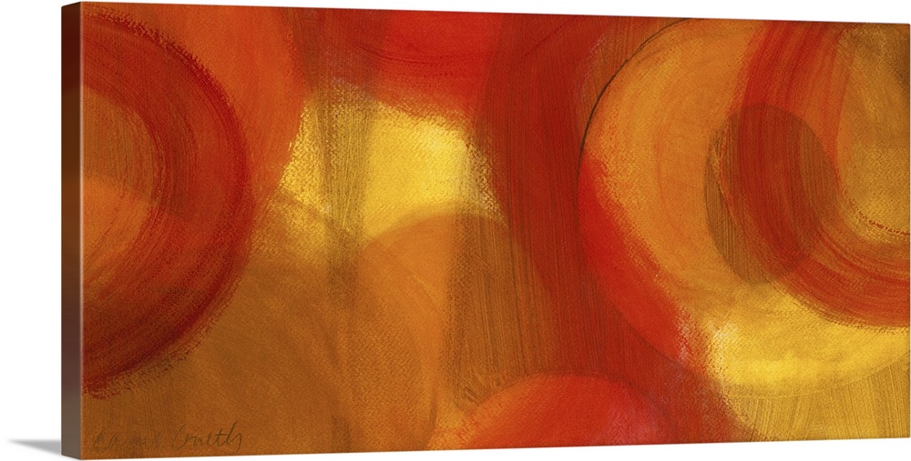 Long abstractly painted canvas with patches of warm color with circles painted around.