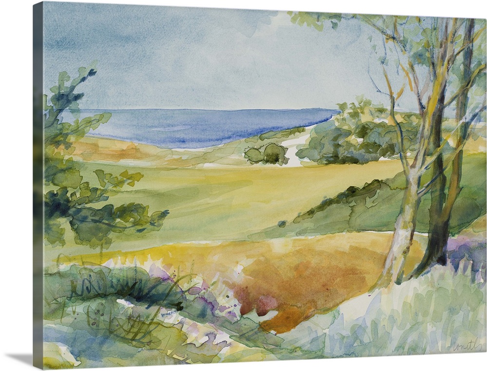 Watercolor landscape painting of trees and bushes overlooking the ocean.