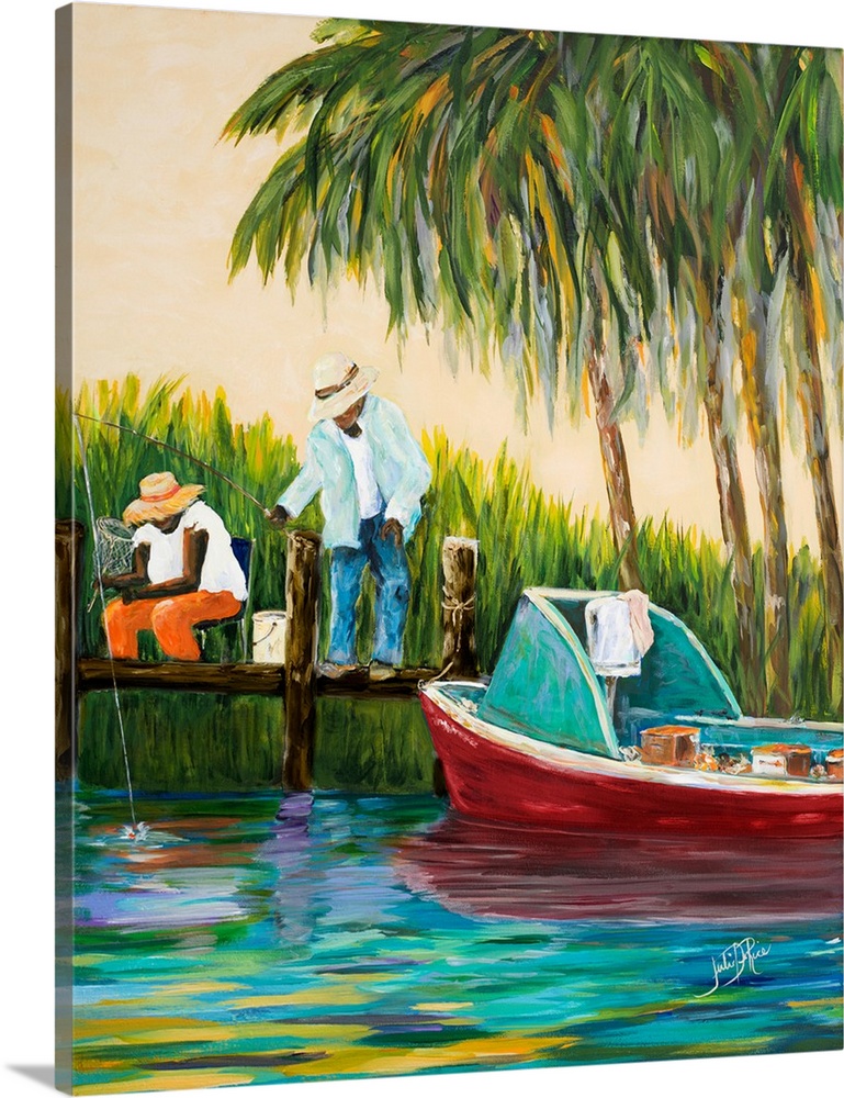 Two men on a wooden dock near palm trees with a red fishing boat.